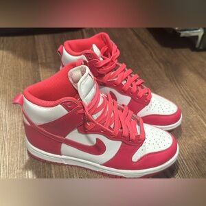 High top pink and whites nike dunks